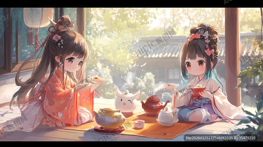 古风少女庭院温馨品茶时光