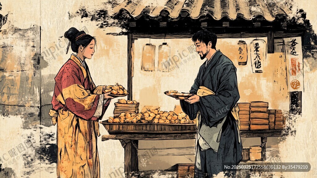 古代街头的商贩与顾客交易