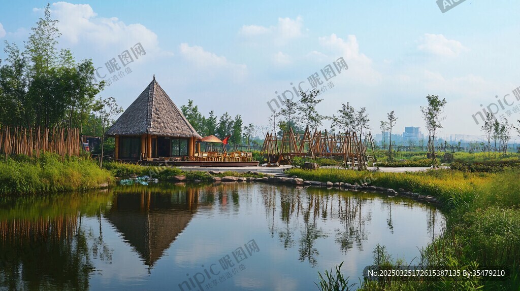 湖畔小屋的自然静谧景致