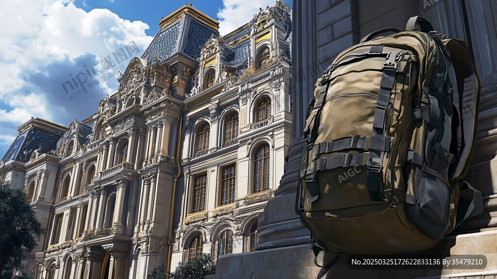 户外背包与欧式建筑风景