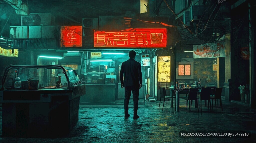 霓虹夜色下的街头独行者