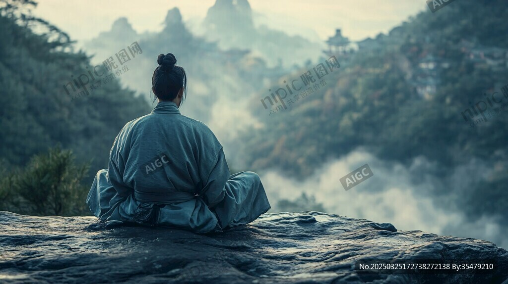 道士坐观山间美景