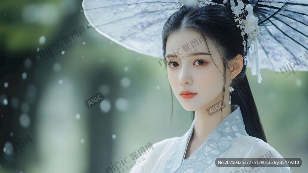 雨中持伞的古典温婉女子