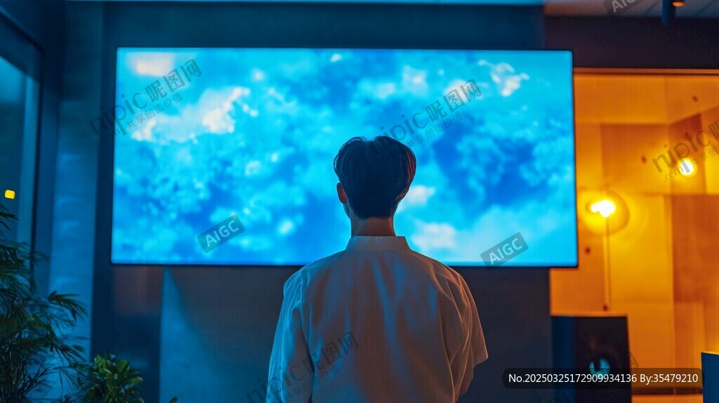 男子专注凝视大屏海洋画面