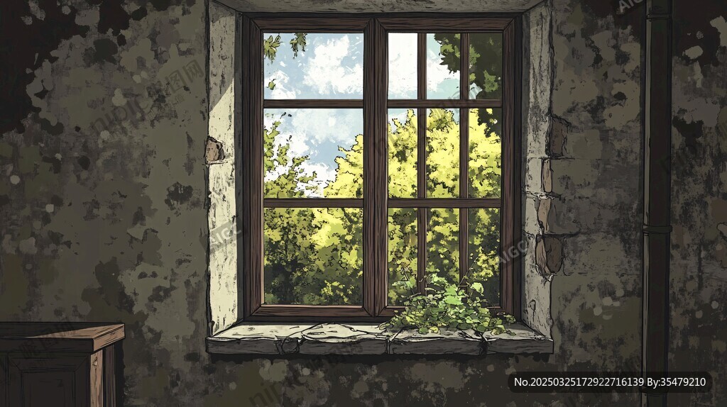 破旧窗景望翠绿生机
