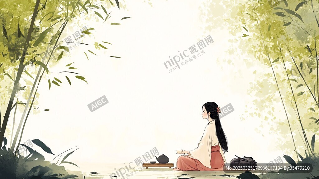 竹林佳人独坐静享茶韵