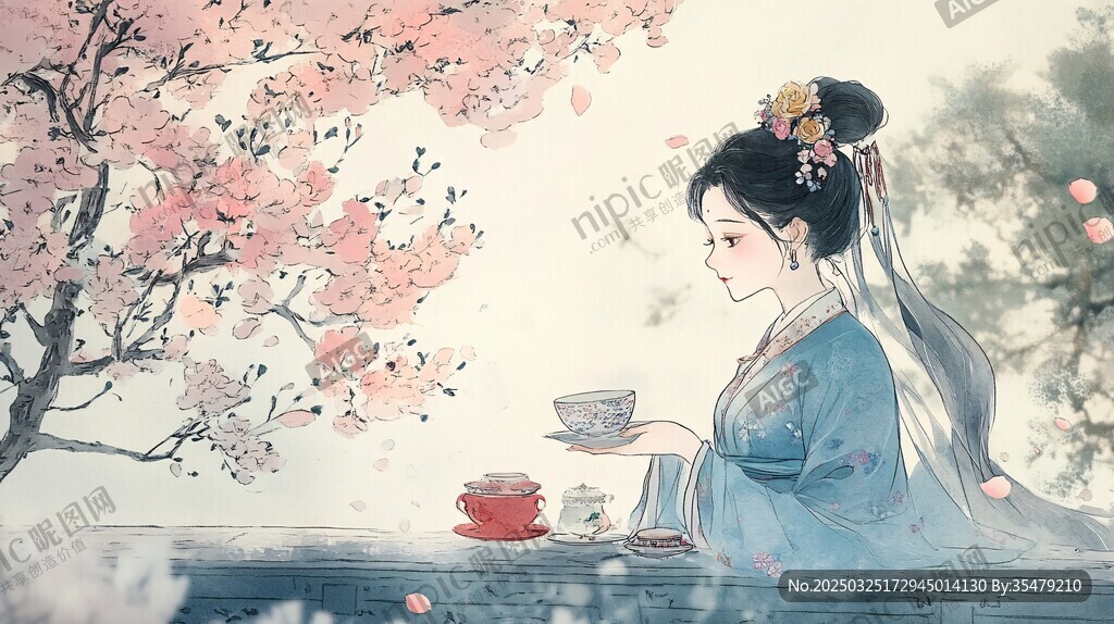 春日佳人品茶赏樱图