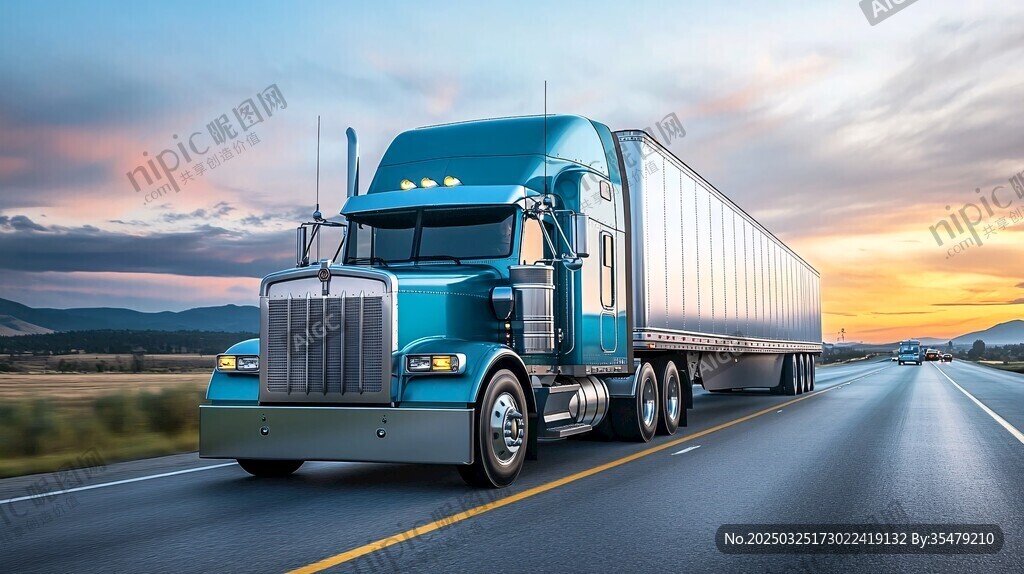 夕阳下的公路重型运输卡车
