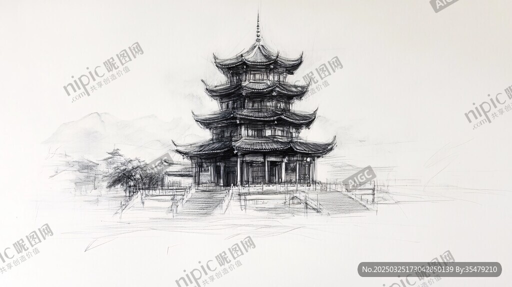 中式古建筑手绘塔楼景观