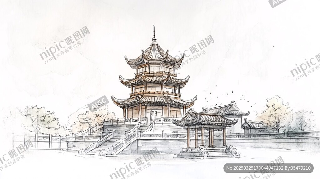 古风楼阁景致手绘图
