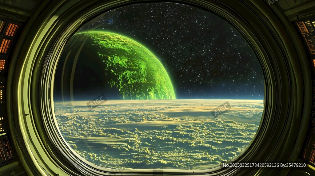 透过舷窗看梦幻绿色星球
