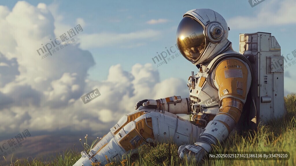 宇航员静坐在草地仰望天空