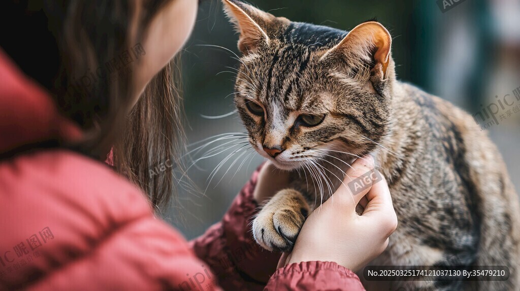 女孩温柔抚摸可爱斑纹猫