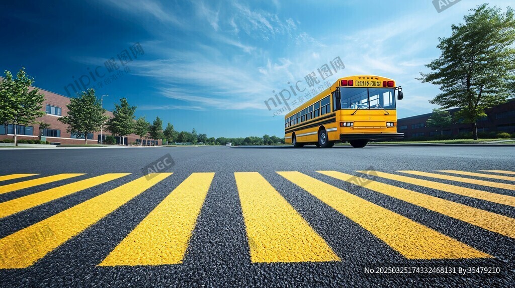 公路上的黄色校车与斑马线