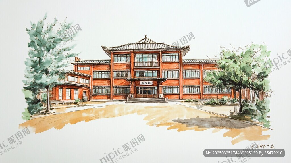 中式风格教学楼水彩画