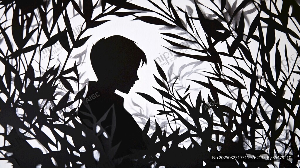 少年于叶间的静谧剪影