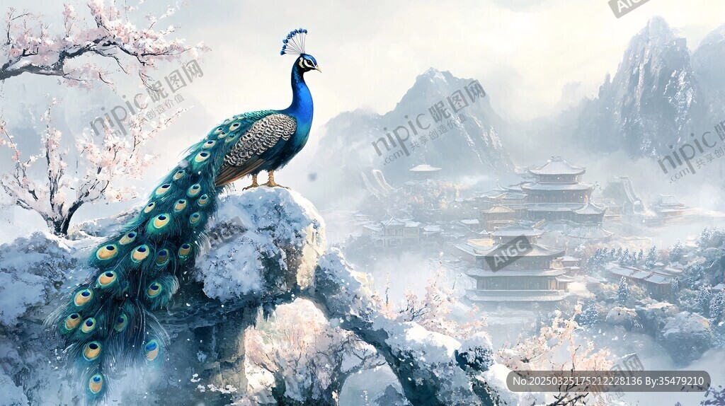 雪境孔雀栖于山峦古景间