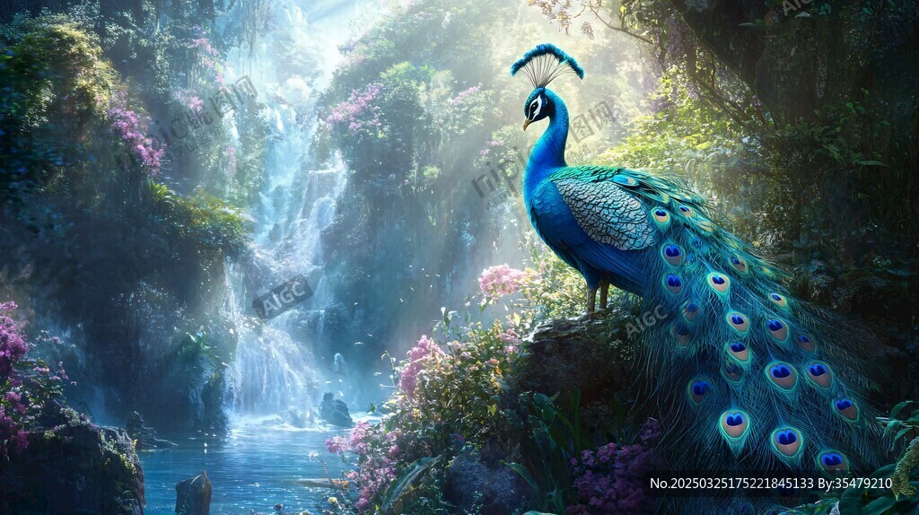 孔雀立于梦幻瀑布旁景观