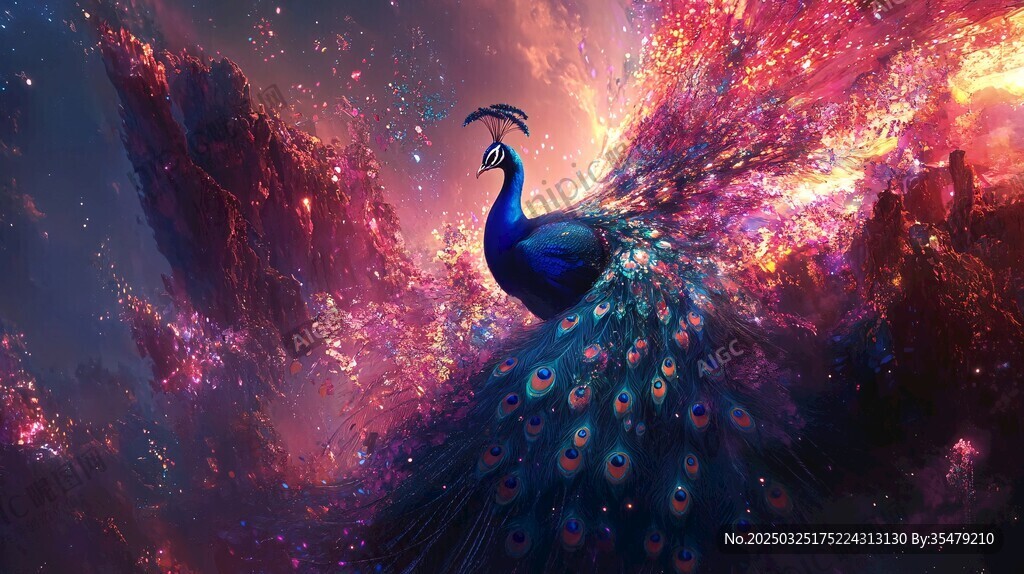梦幻孔雀于绚烂星空展翅