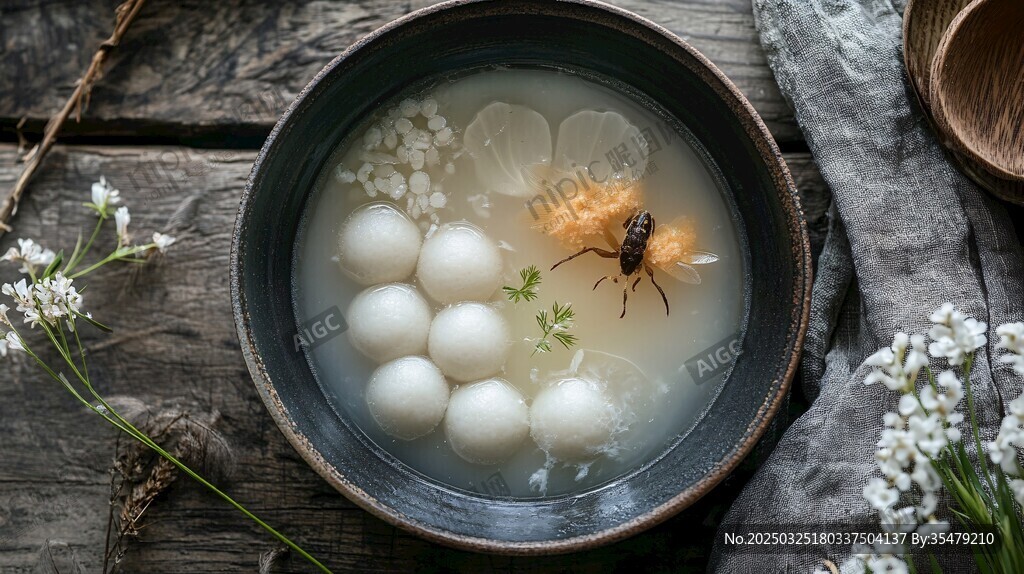 古风碗中汤圆与昆虫景象