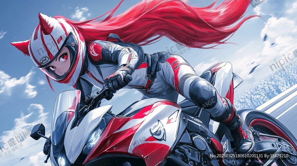 红发少女酷炫摩托骑行
