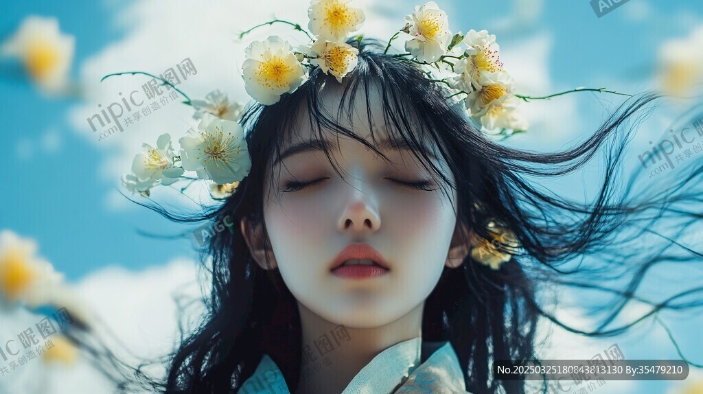 花饰少女闭眼享微风