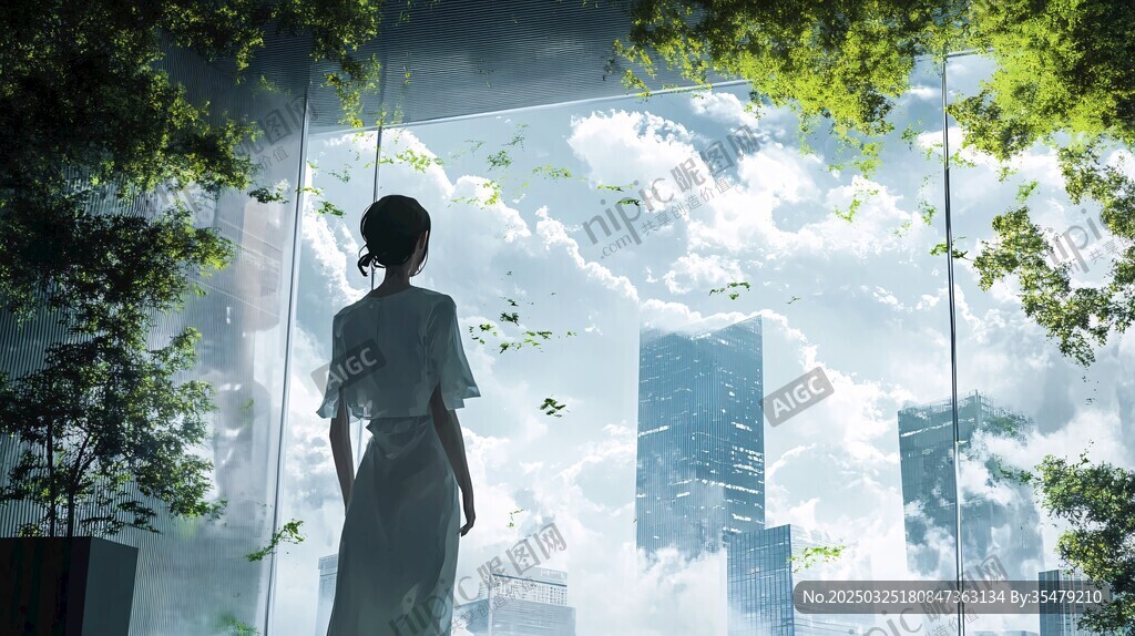 女子窗前凝望城市与自然