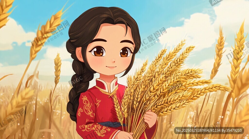 红衣女孩手捧金黄麦穗