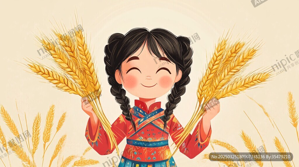 女孩喜捧麦穗展丰收喜悦