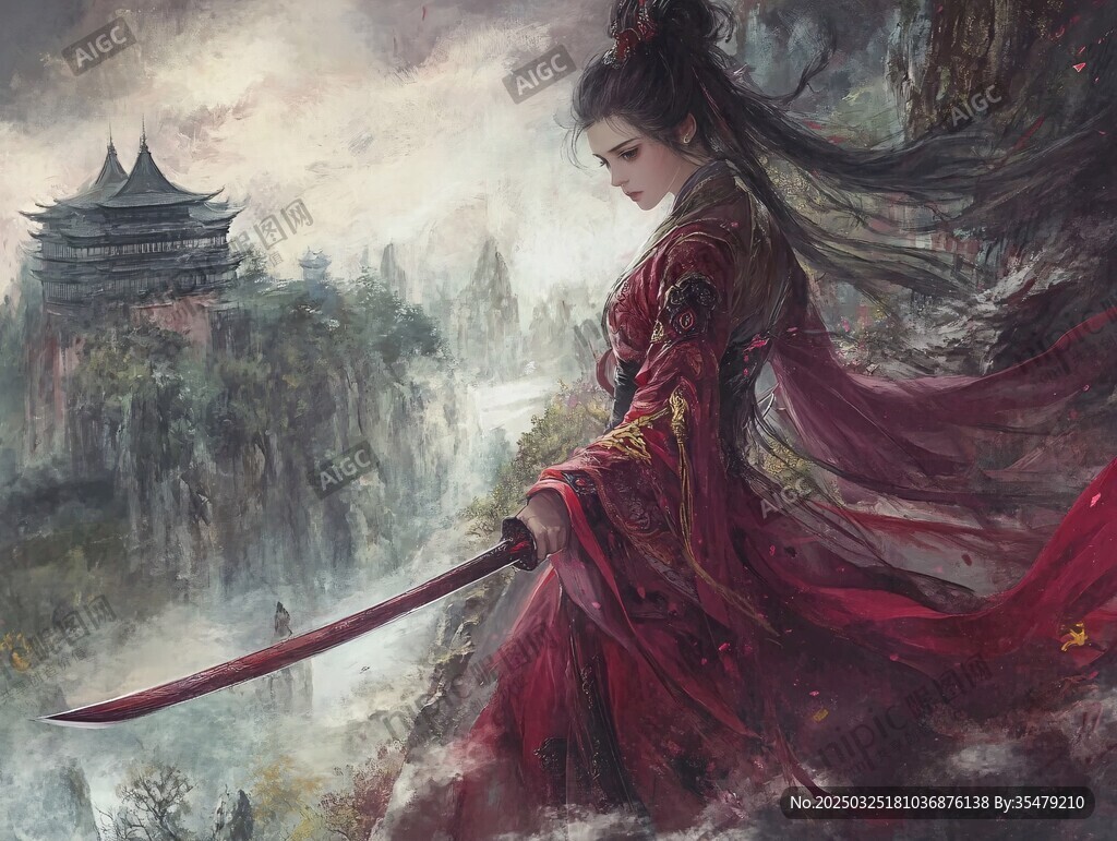 红衣女侠持剑倚立山水间