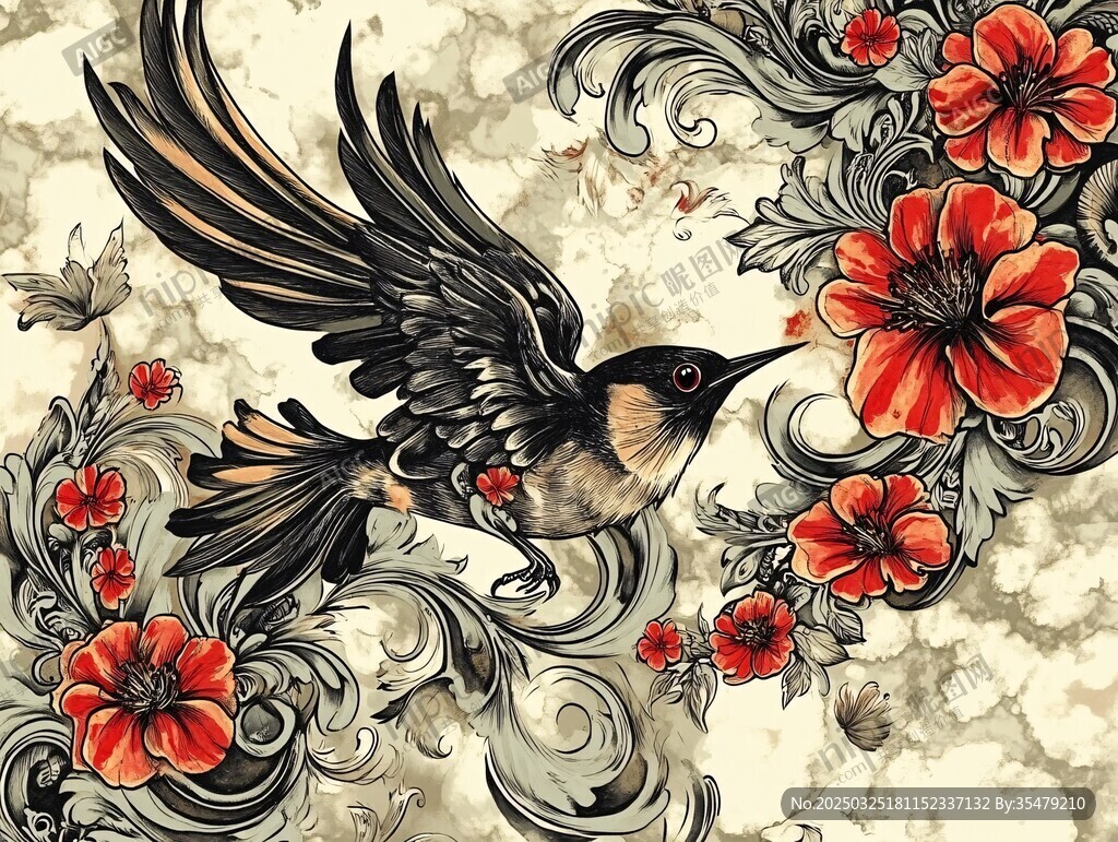 花鸟插画 灵动飞鸟伴繁花