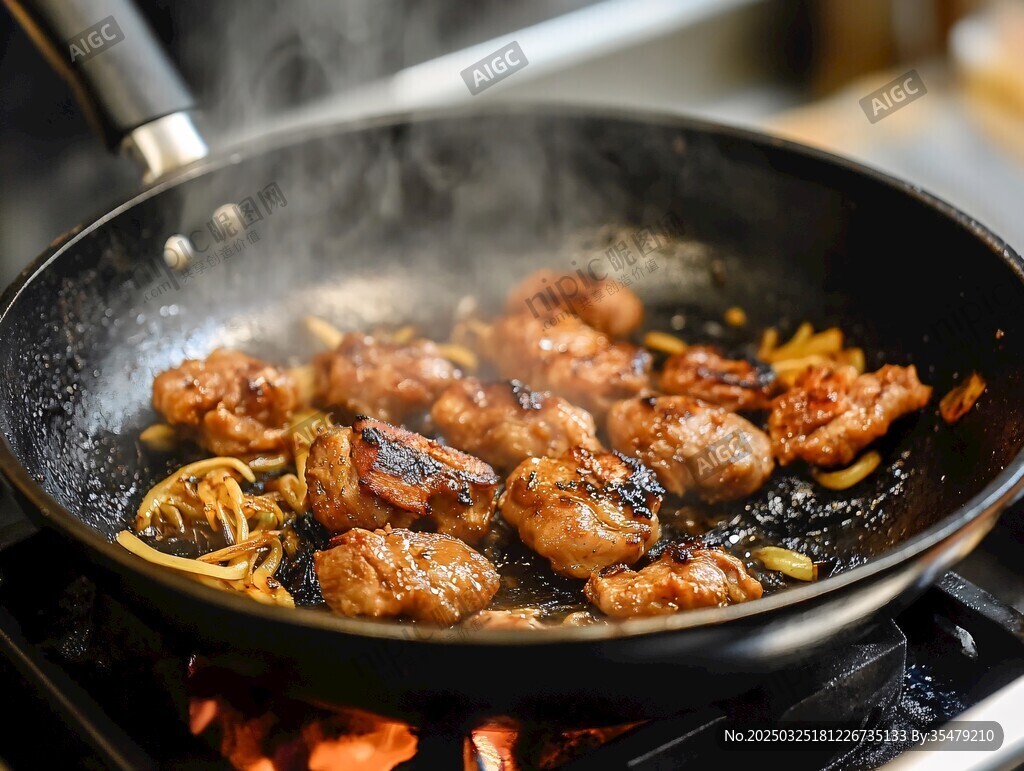 锅中煎制的美味肉块