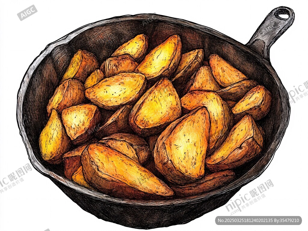 铁锅中的金黄烤土豆块