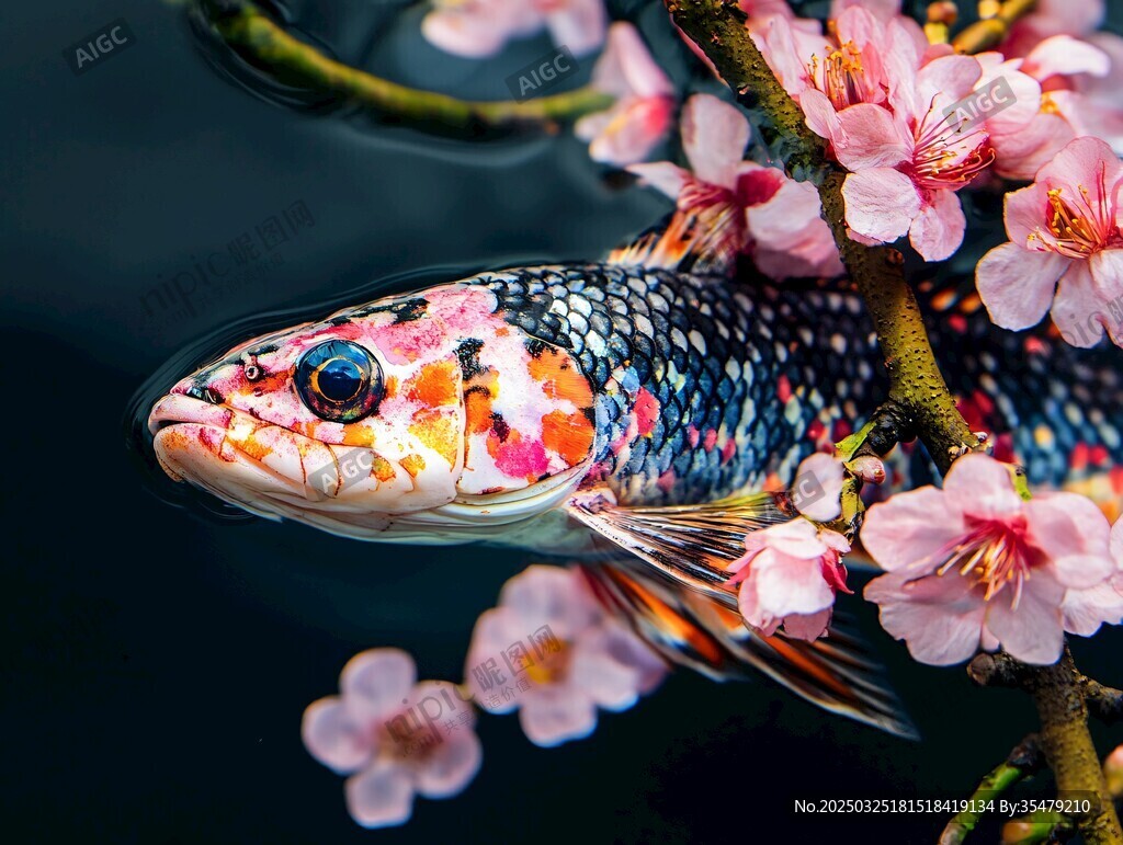 彩鱼游弋于烂漫樱花间