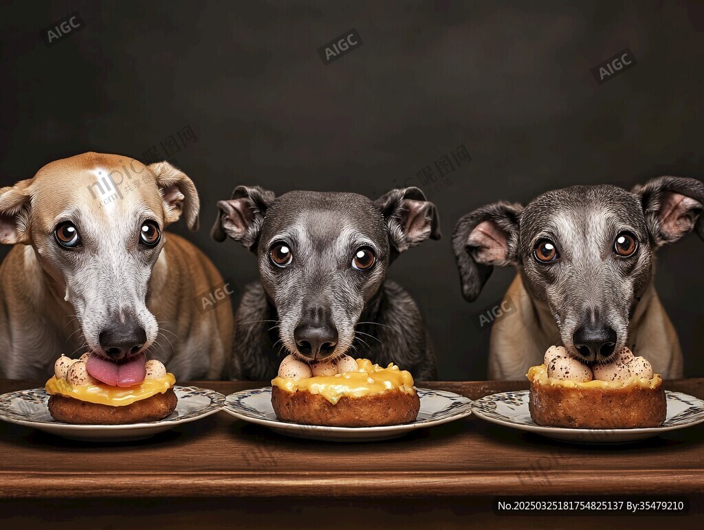 三只萌犬享用美味食物