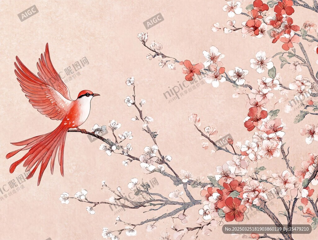 红鸟栖繁花枝头