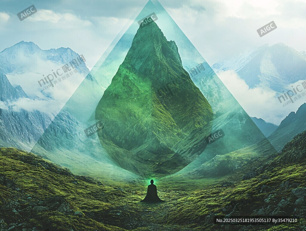 神秘山景中的冥想者
