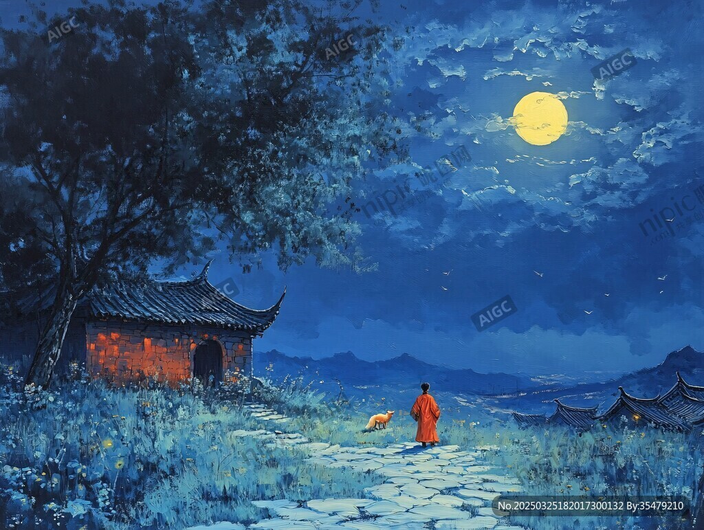 月夜僧行图