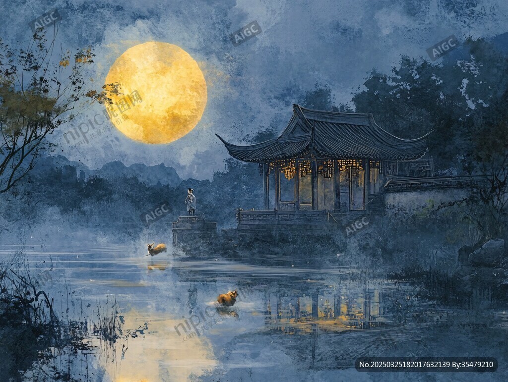 月夜湖畔古亭静谧之景