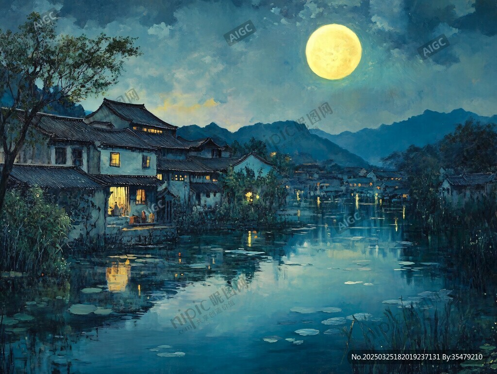 月夜下的中式水乡美景