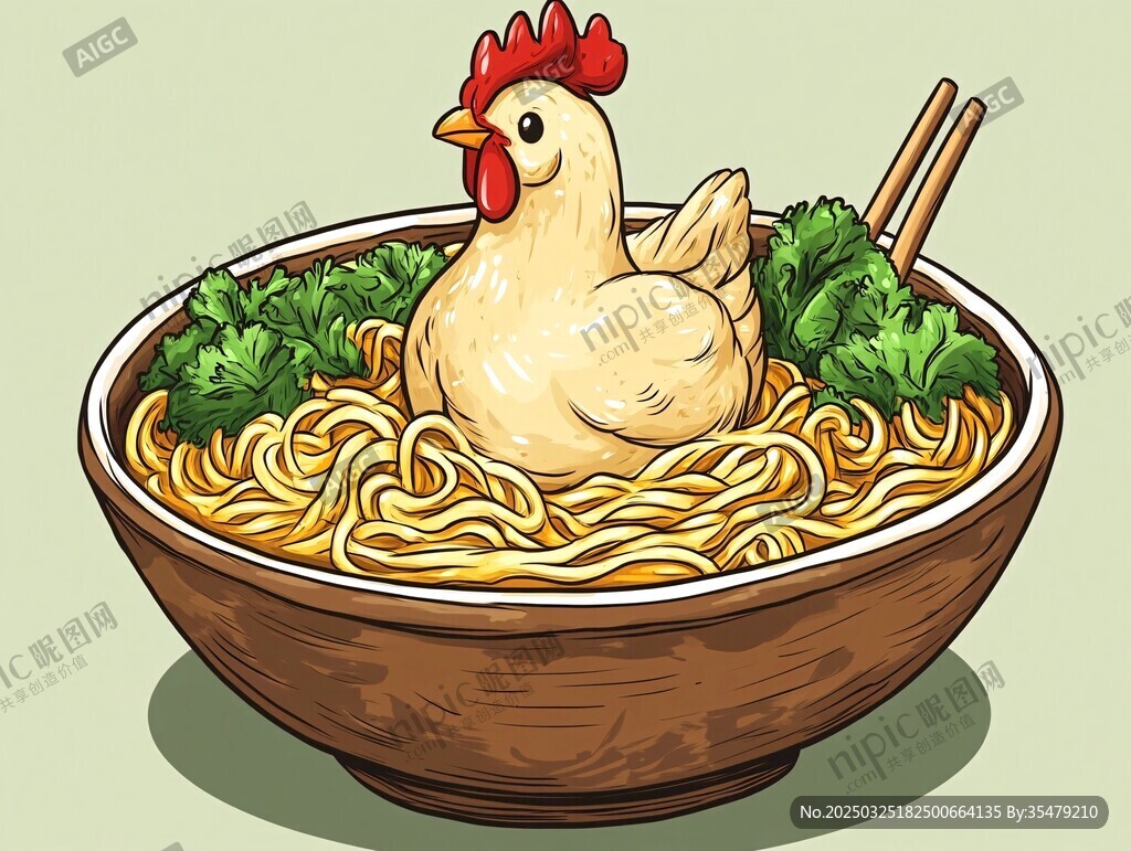 鸡汤面中的可爱母鸡插画