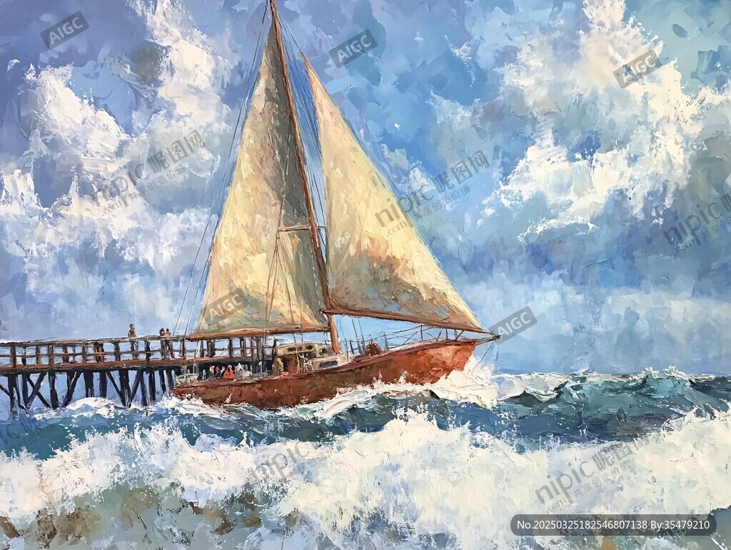 帆船在海浪中驶向码头