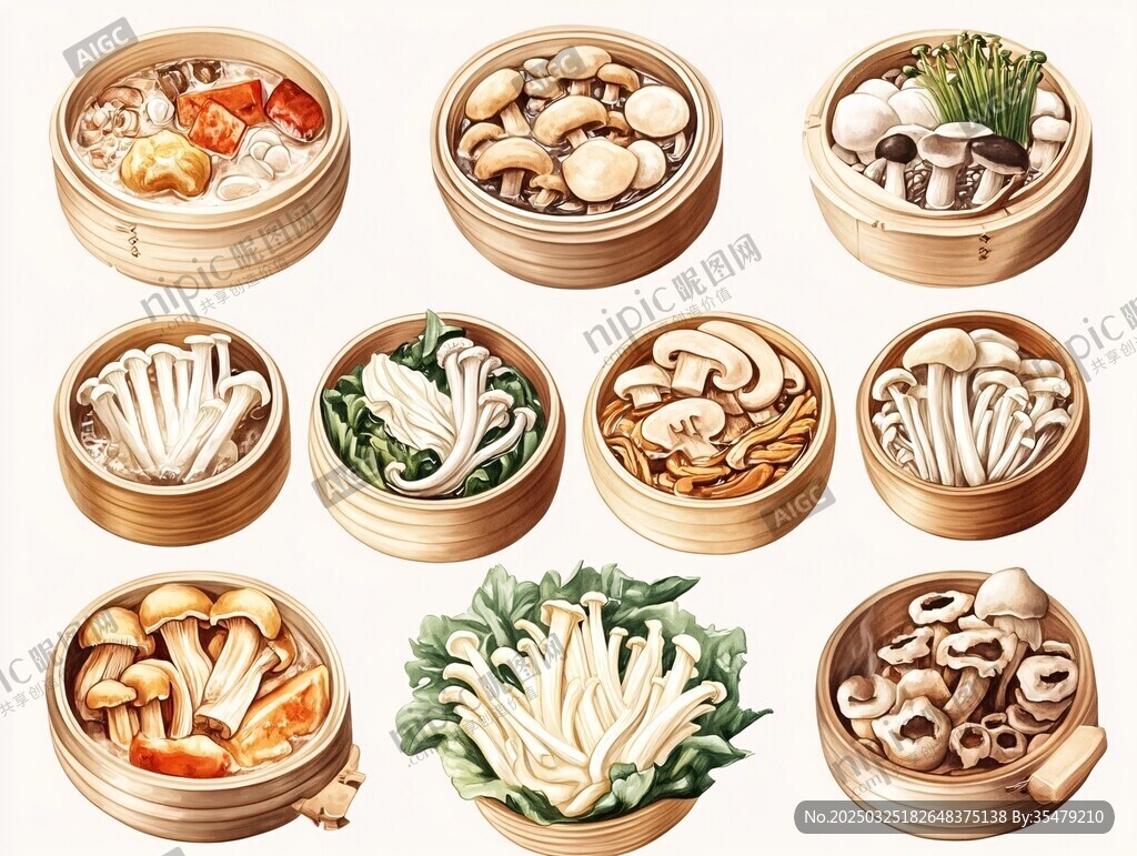 多样竹制蒸笼里的菌蔬美食