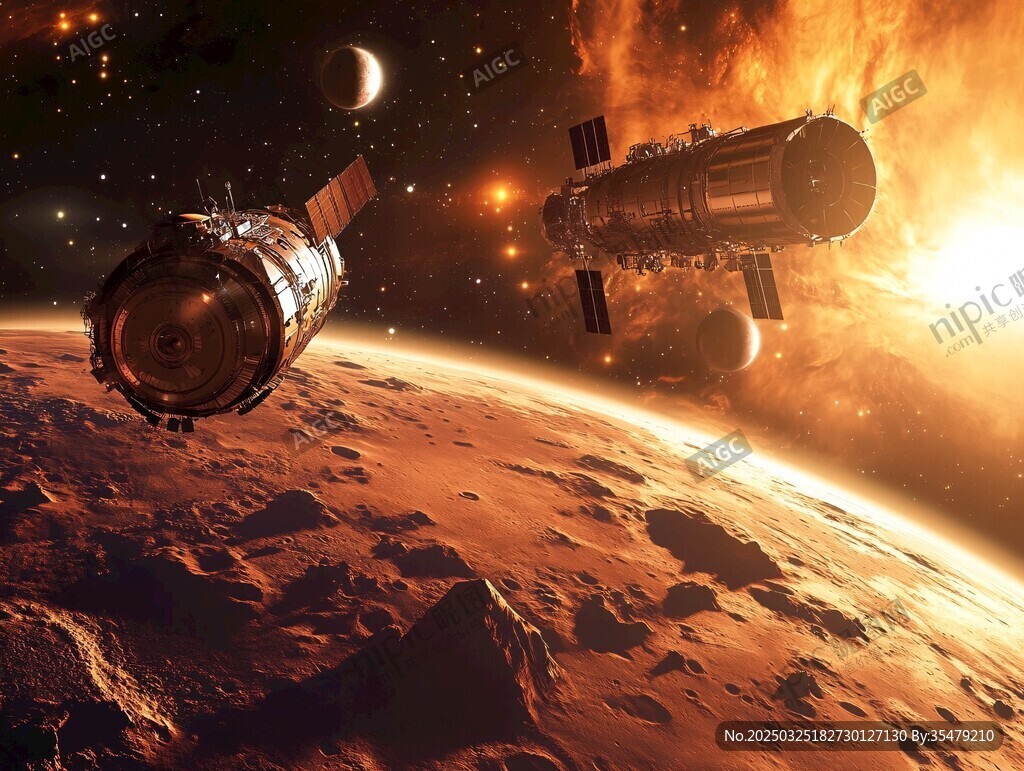火星轨道上的宇宙飞船景象