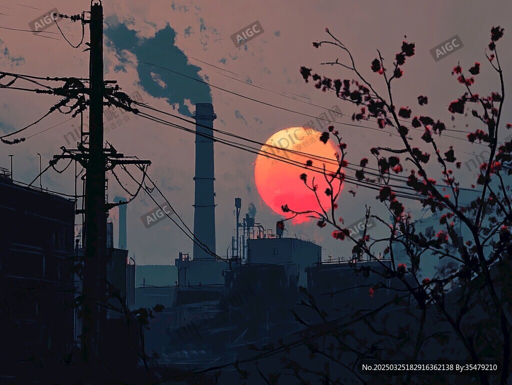 夕阳下的工业景象与花枝
