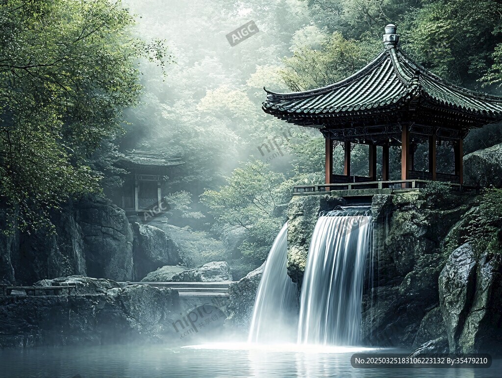 山林瀑布中的中式古韵亭阁