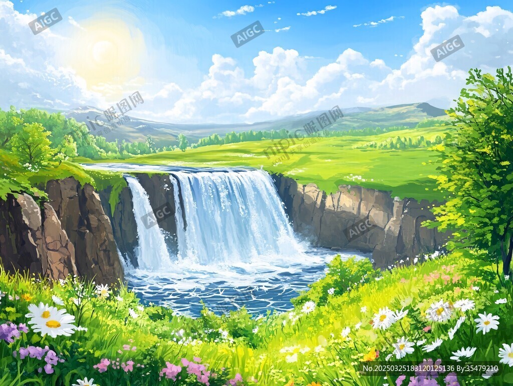 夏日瀑布边的梦幻自然美景