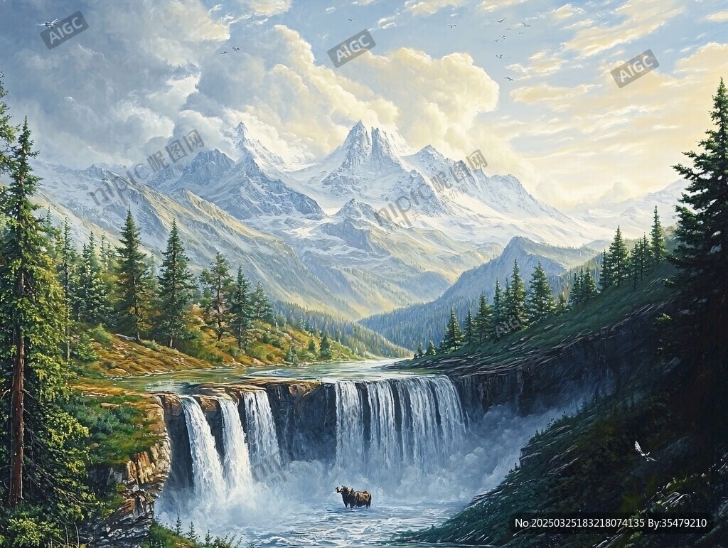 山间瀑布旁的壮美自然景观