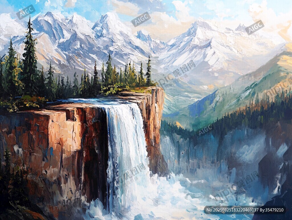 壮丽山间瀑布景观油画