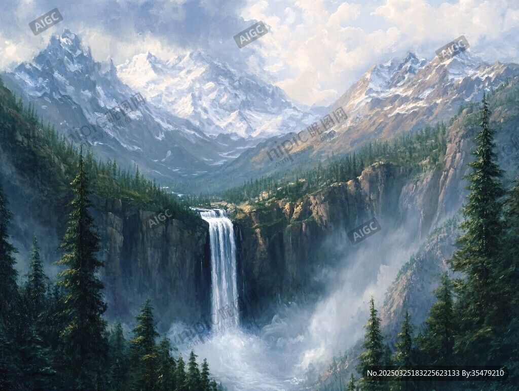 高山瀑布森林壮美自然景